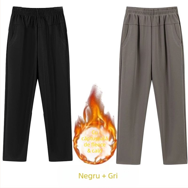 Pantaloni drepți casual pentru femei de vârstă mijlocie, talie înaltă, căptușeală groasă de fleece, material bambus/Lyocell