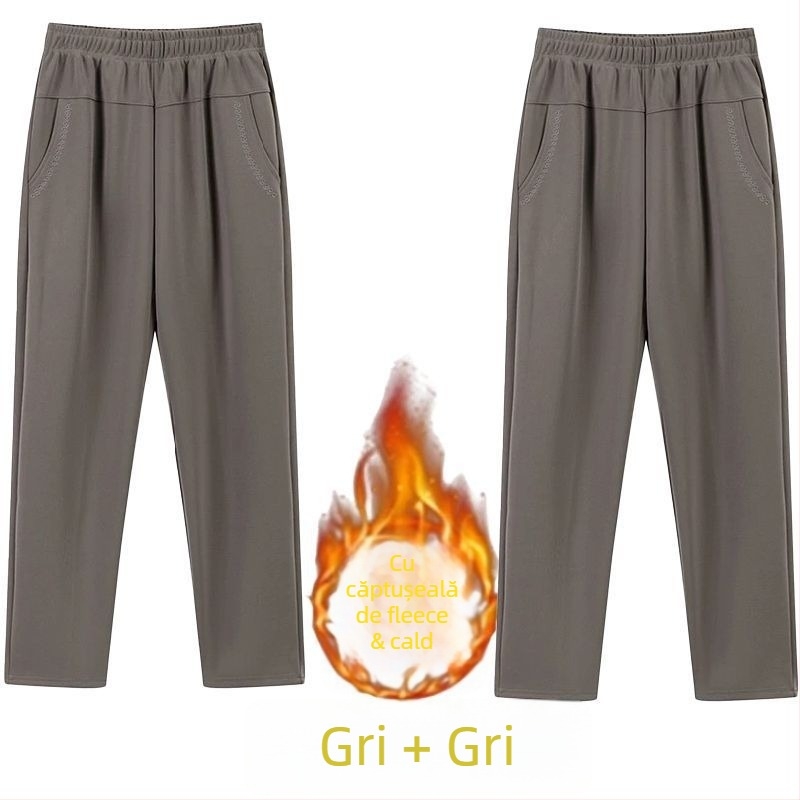 Pantaloni drepți casual pentru femei de vârstă mijlocie, talie înaltă, căptușeală groasă de fleece, material bambus/Lyocell