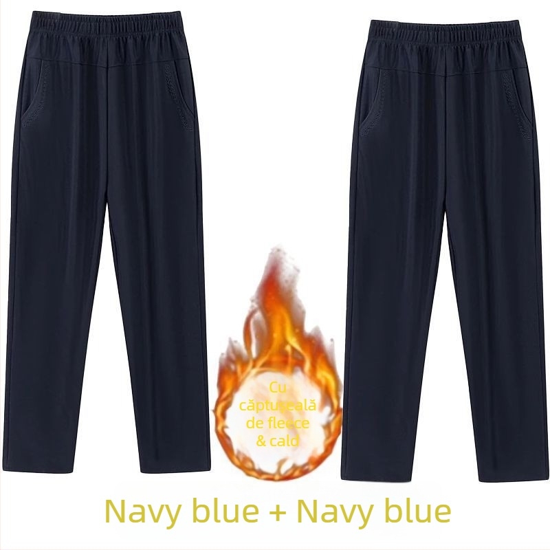 Pantaloni drepți casual pentru femei de vârstă mijlocie, talie înaltă, căptușeală groasă de fleece, material bambus/Lyocell