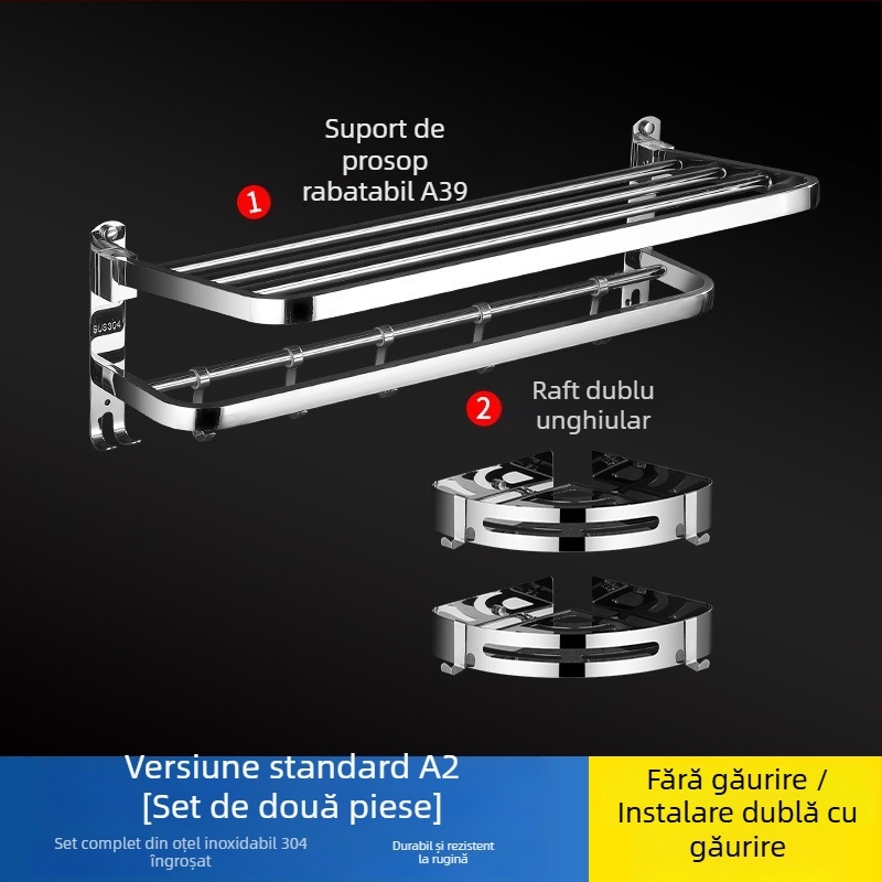 Suport pentru prosoape din oțel inoxidabil 304, suprafață lustruită, set de șase piese, design modern pentru baie