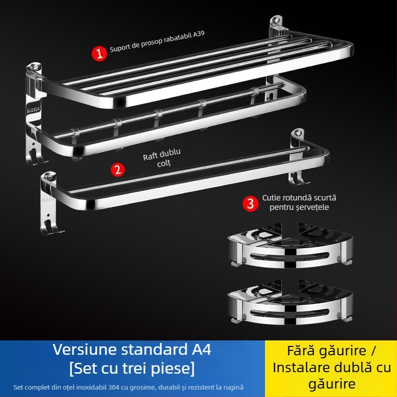Suport pentru prosoape din oțel inoxidabil 304, suprafață lustruită, set de șase piese, design modern pentru baie