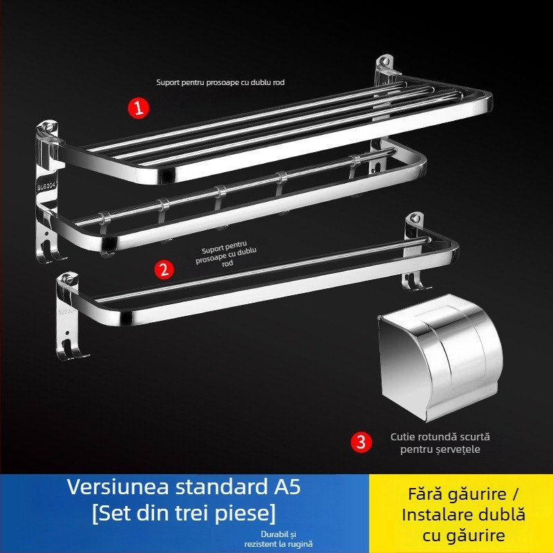 Suport pentru prosoape din oțel inoxidabil 304, suprafață lustruită, set de șase piese, design modern pentru baie