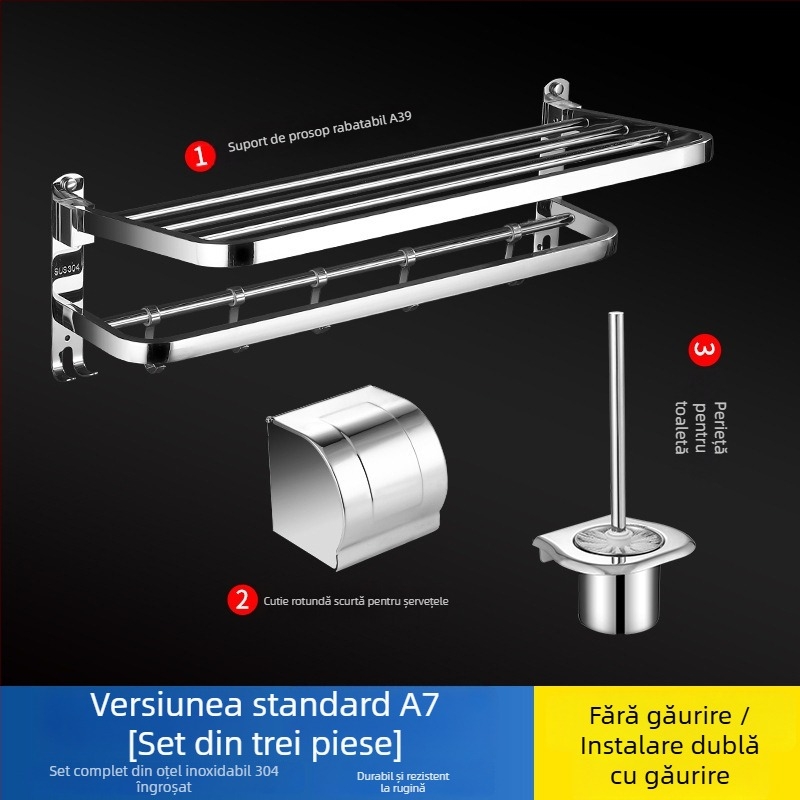 Suport pentru prosoape din oțel inoxidabil 304, suprafață lustruită, set de șase piese, design modern pentru baie