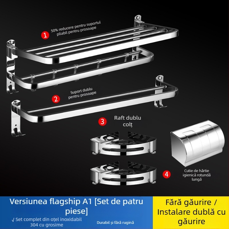 Suport pentru prosoape din oțel inoxidabil 304, suprafață lustruită, set de șase piese, design modern pentru baie