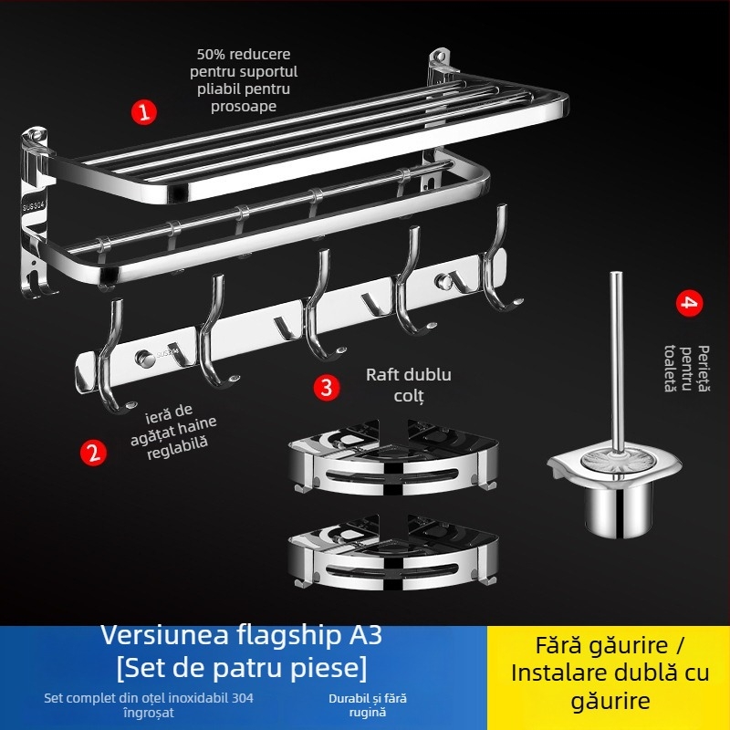 Suport pentru prosoape din oțel inoxidabil 304, suprafață lustruită, set de șase piese, design modern pentru baie