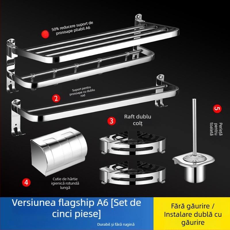 Suport pentru prosoape din oțel inoxidabil 304, suprafață lustruită, set de șase piese, design modern pentru baie