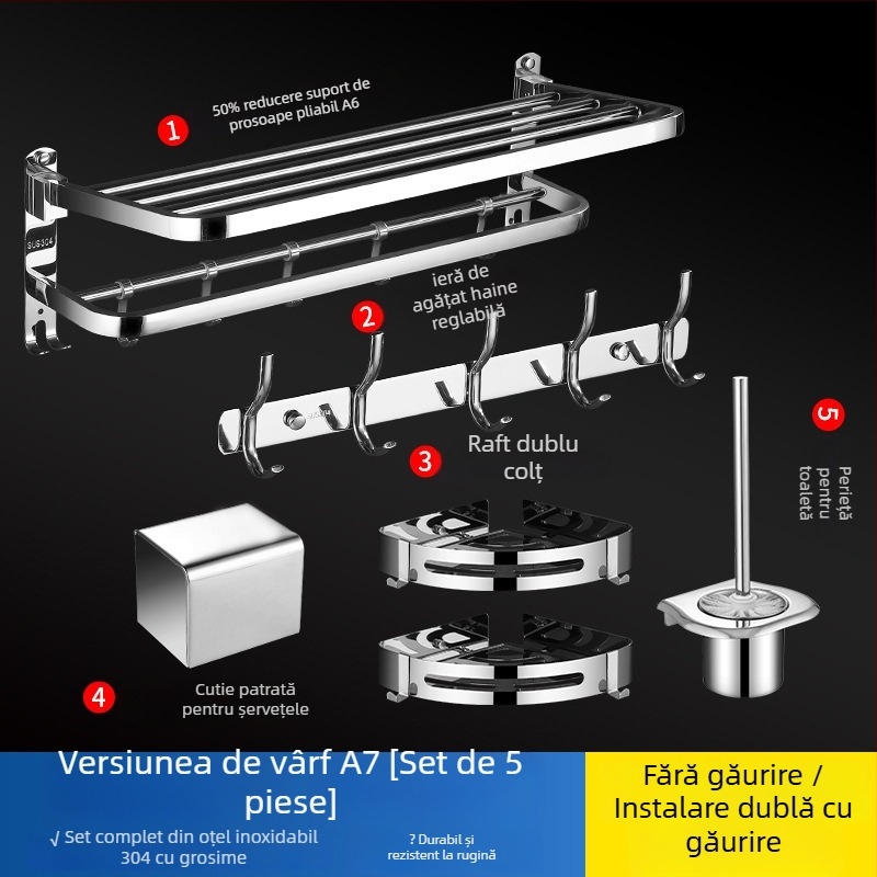 Suport pentru prosoape din oțel inoxidabil 304, suprafață lustruită, set de șase piese, design modern pentru baie