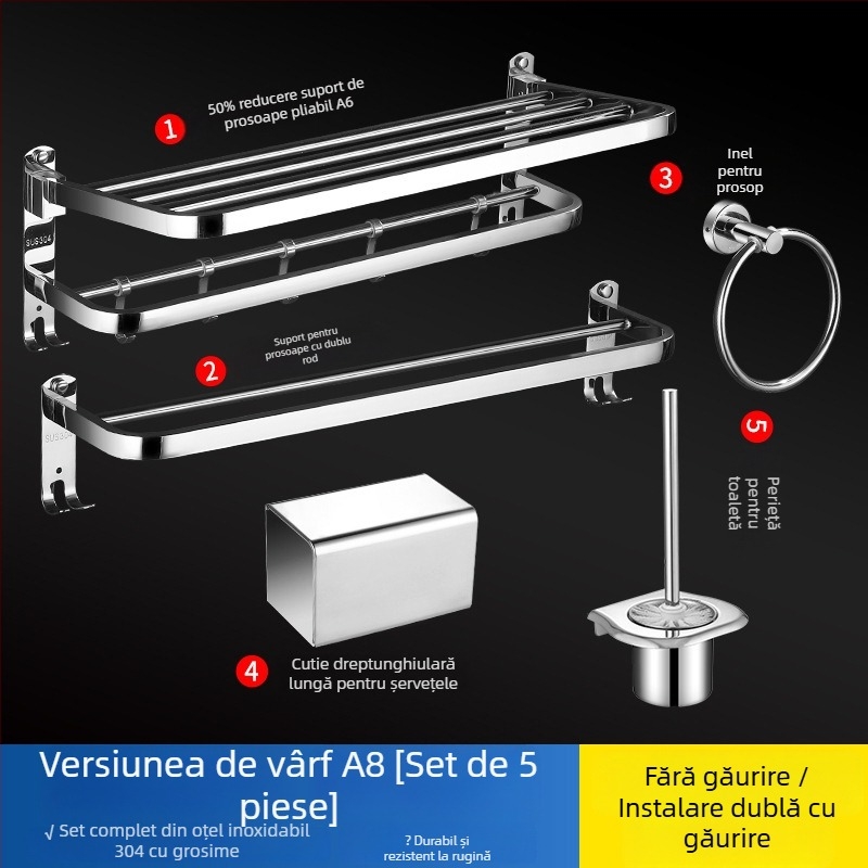 Suport pentru prosoape din oțel inoxidabil 304, suprafață lustruită, set de șase piese, design modern pentru baie