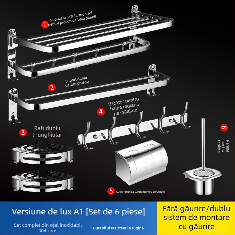 Suport pentru prosoape din oțel inoxidabil 304, suprafață lustruită, set de șase piese, design modern pentru baie