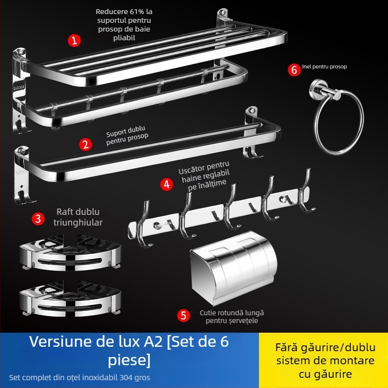 Suport pentru prosoape din oțel inoxidabil 304, suprafață lustruită, set de șase piese, design modern pentru baie