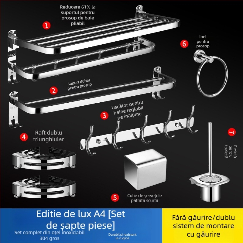 Suport pentru prosoape din oțel inoxidabil 304, suprafață lustruită, set de șase piese, design modern pentru baie