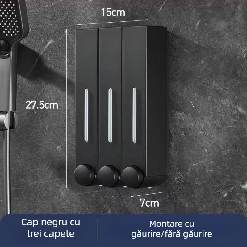 Dozator de săpun montat pe perete pentru hotel, fără găuri, pentru șampon și gel de duș, acționare prin apăsare manuală, ABS, turnare prin injecție, stil modern minimalist