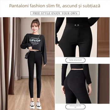 Colanți damă 3/4, căptuțiți cu fleece, talie înaltă, croială mulat, elastici, uni, pentru toamnă-iarna, potriviți pentru siluete mici