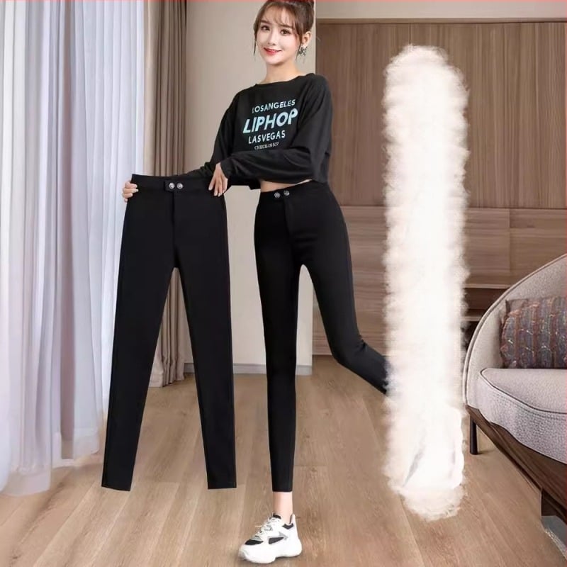 Colanți damă 3/4, căptuțiți cu fleece, talie înaltă, croială mulat, elastici, uni, pentru toamnă-iarna, potriviți pentru siluete mici