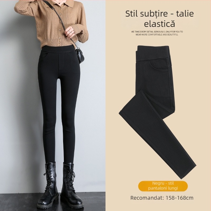 Colanți damă 3/4, căptuțiți cu fleece, talie înaltă, croială mulat, elastici, uni, pentru toamnă-iarna, potriviți pentru siluete mici