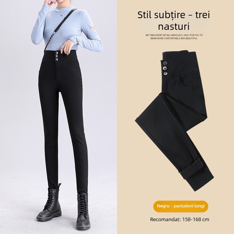 Colanți damă 3/4, căptuțiți cu fleece, talie înaltă, croială mulat, elastici, uni, pentru toamnă-iarna, potriviți pentru siluete mici
