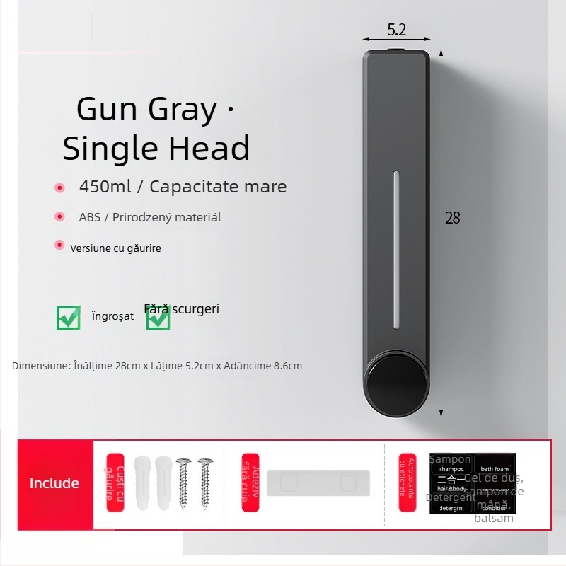 Dispenser montat pe perete pentru săpun lichid, șampon și gel de duș | Plastic, Finisaj oxidat, stil modern minimalist, apăsare cu buton