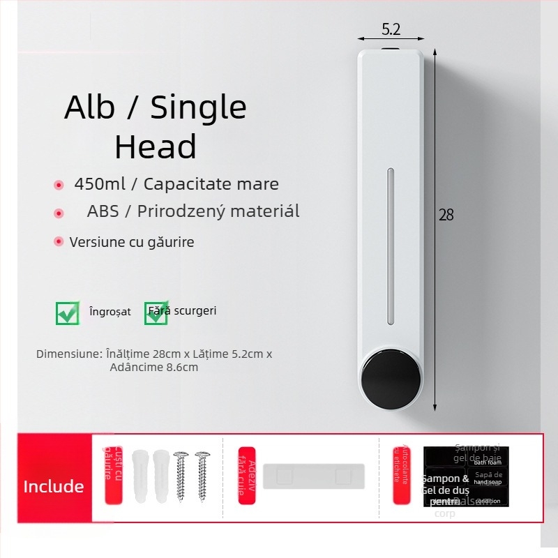 Dispenser montat pe perete pentru săpun lichid, șampon și gel de duș | Plastic, Finisaj oxidat, stil modern minimalist, apăsare cu buton