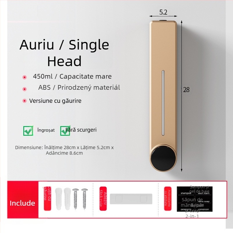 Dispenser montat pe perete pentru săpun lichid, șampon și gel de duș | Plastic, Finisaj oxidat, stil modern minimalist, apăsare cu buton