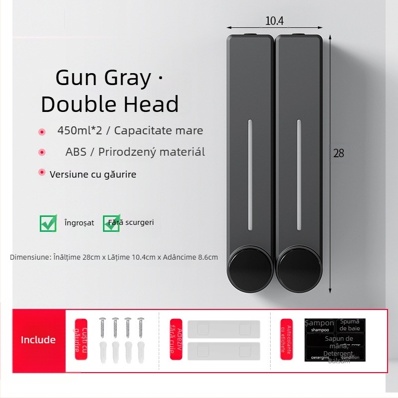 Dispenser montat pe perete pentru săpun lichid, șampon și gel de duș | Plastic, Finisaj oxidat, stil modern minimalist, apăsare cu buton