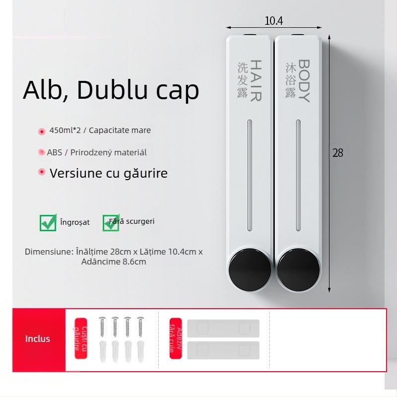 Dispenser montat pe perete pentru săpun lichid, șampon și gel de duș | Plastic, Finisaj oxidat, stil modern minimalist, apăsare cu buton