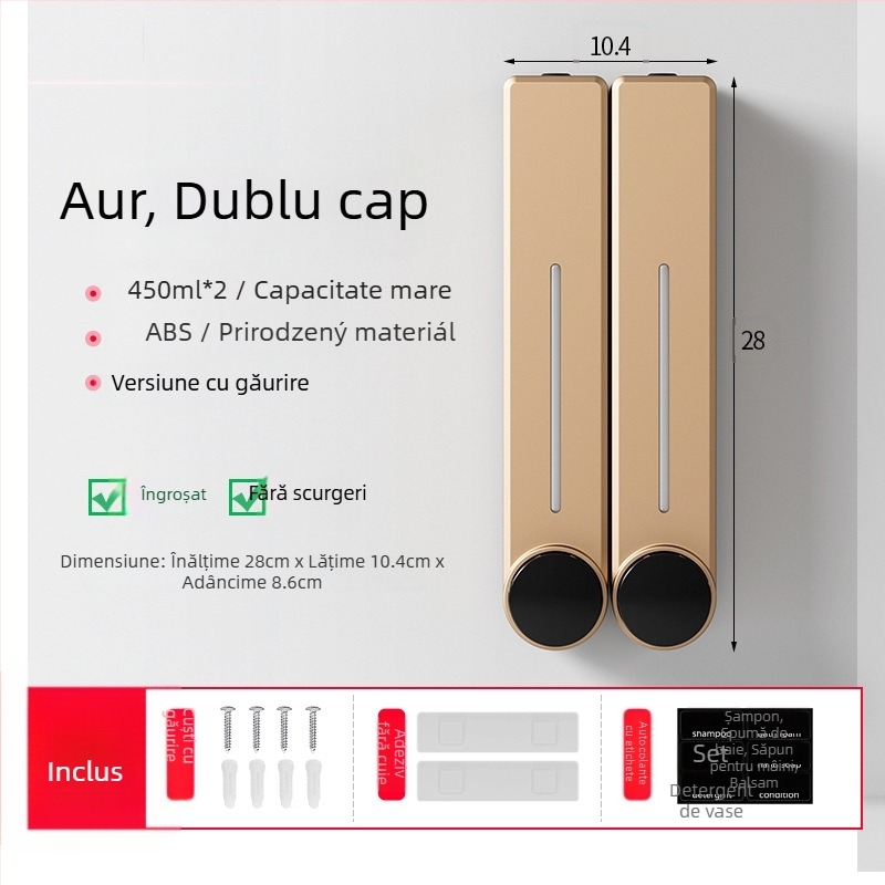 Dispenser montat pe perete pentru săpun lichid, șampon și gel de duș | Plastic, Finisaj oxidat, stil modern minimalist, apăsare cu buton