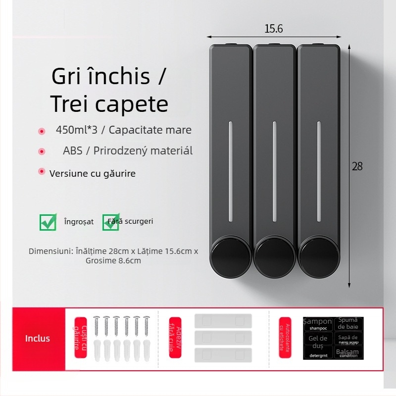 Dispenser montat pe perete pentru săpun lichid, șampon și gel de duș | Plastic, Finisaj oxidat, stil modern minimalist, apăsare cu buton