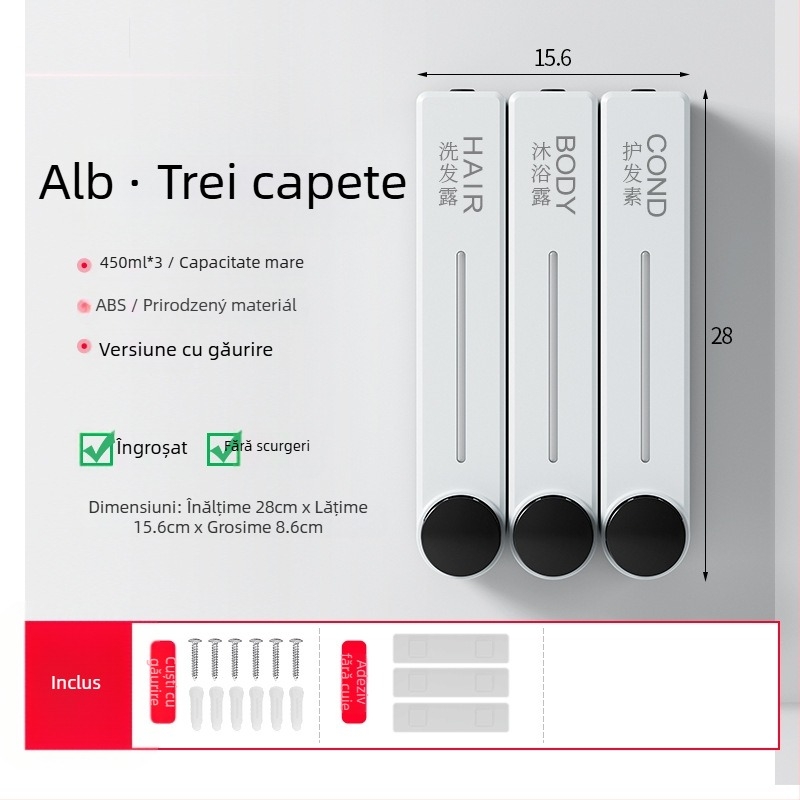 Dispenser montat pe perete pentru săpun lichid, șampon și gel de duș | Plastic, Finisaj oxidat, stil modern minimalist, apăsare cu buton