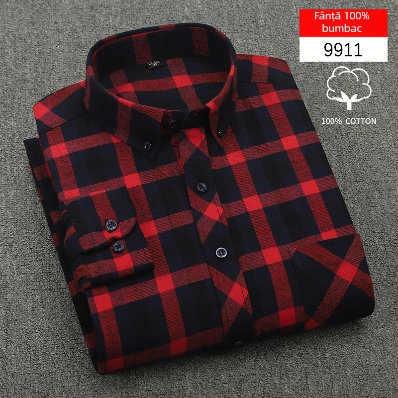 Cămașă bărbați cu mânecă lungă, carouri, bumbac, guler pătrat, stil casual lejer, potrivită pentru primăvară și toamnă
