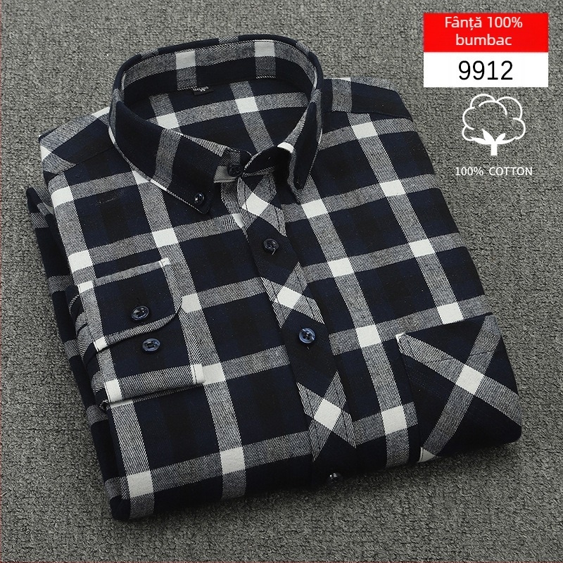 Cămașă bărbați cu mânecă lungă, carouri, bumbac, guler pătrat, stil casual lejer, potrivită pentru primăvară și toamnă