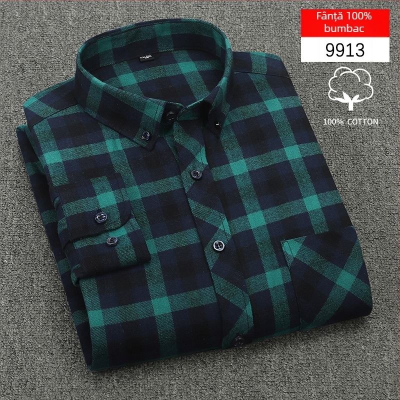 Cămașă bărbați cu mânecă lungă, carouri, bumbac, guler pătrat, stil casual lejer, potrivită pentru primăvară și toamnă