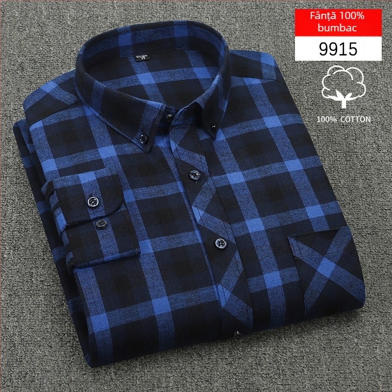 Cămașă bărbați cu mânecă lungă, carouri, bumbac, guler pătrat, stil casual lejer, potrivită pentru primăvară și toamnă