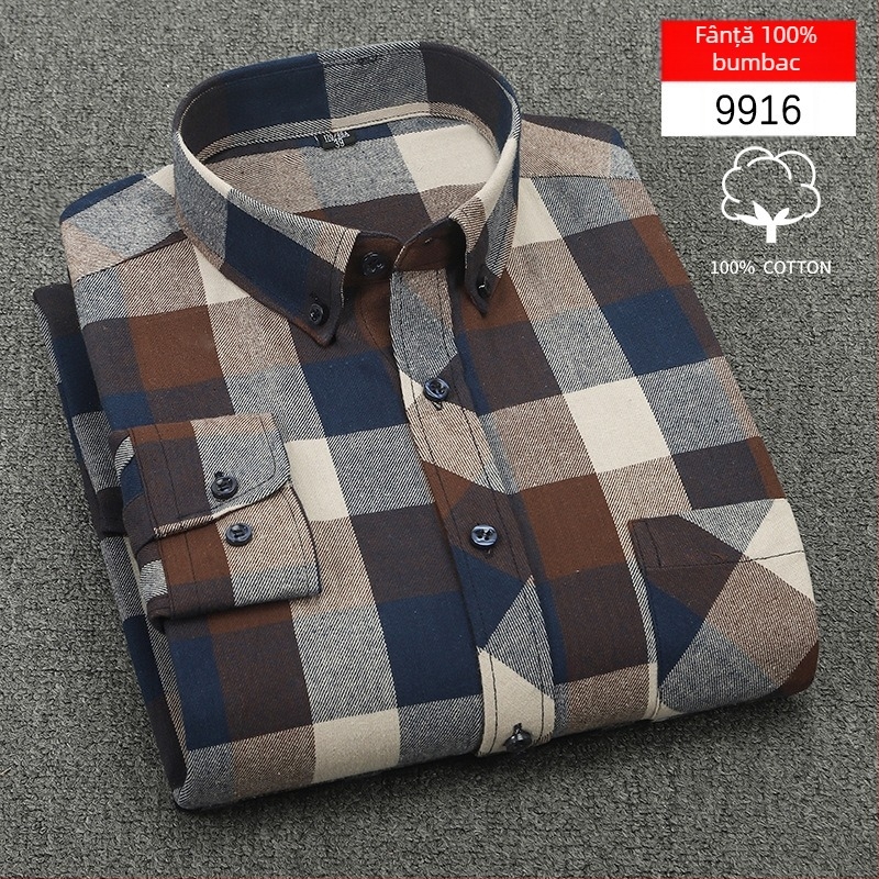 Cămașă bărbați cu mânecă lungă, carouri, bumbac, guler pătrat, stil casual lejer, potrivită pentru primăvară și toamnă