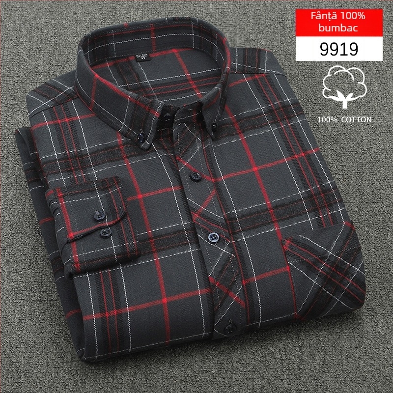 Cămașă bărbați cu mânecă lungă, carouri, bumbac, guler pătrat, stil casual lejer, potrivită pentru primăvară și toamnă