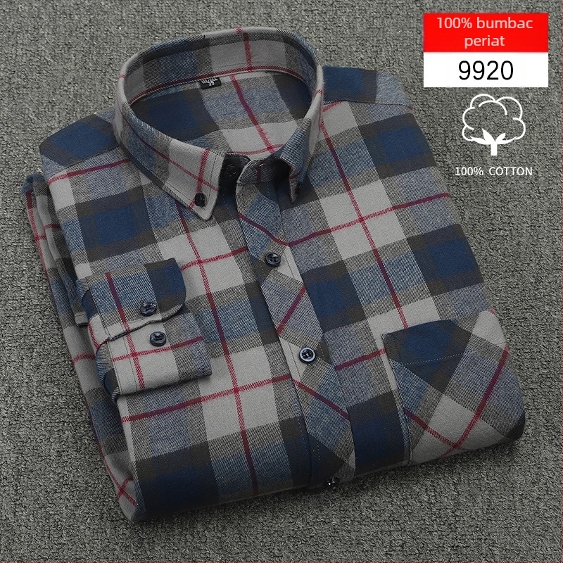 Cămașă bărbați cu mânecă lungă, carouri, bumbac, guler pătrat, stil casual lejer, potrivită pentru primăvară și toamnă