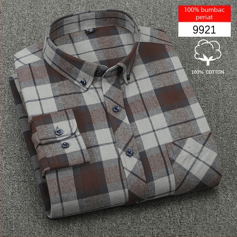 Cămașă bărbați cu mânecă lungă, carouri, bumbac, guler pătrat, stil casual lejer, potrivită pentru primăvară și toamnă