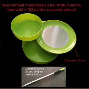 Tavă magnetică cu trei niveluri pentru momeli, cutie de momeli și recipient pentru momeli vii, pentru scaun de pescuit; include tijă de teren și cataramă pentru scaun