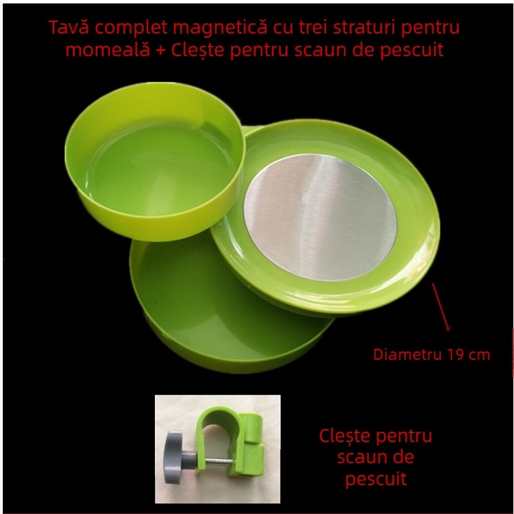 Tavă magnetică cu trei niveluri pentru momeli, cutie de momeli și recipient pentru momeli vii, pentru scaun de pescuit; include tijă de teren și cataramă pentru scaun