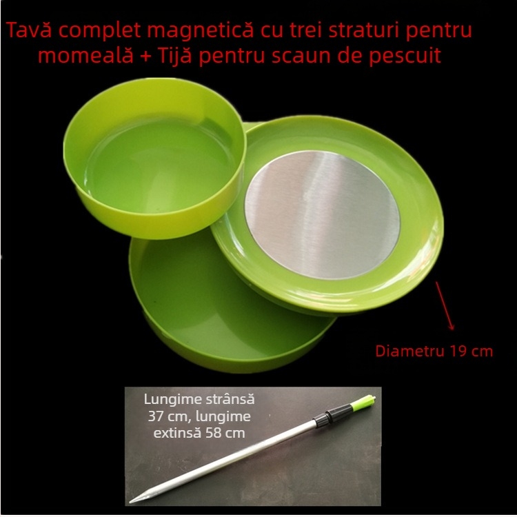 Tavă magnetică cu trei niveluri pentru momeli, cutie de momeli și recipient pentru momeli vii, pentru scaun de pescuit; include tijă de teren și cataramă pentru scaun