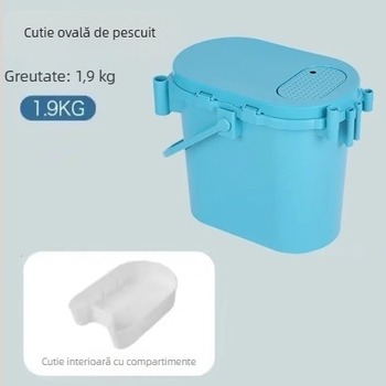 Găleată de pescuit multifuncțională cu carcasă rigidă, formă ovală; poate fi folosită și ca scaun; pentru pești vii; pentru pescuit din barcă și în curs.