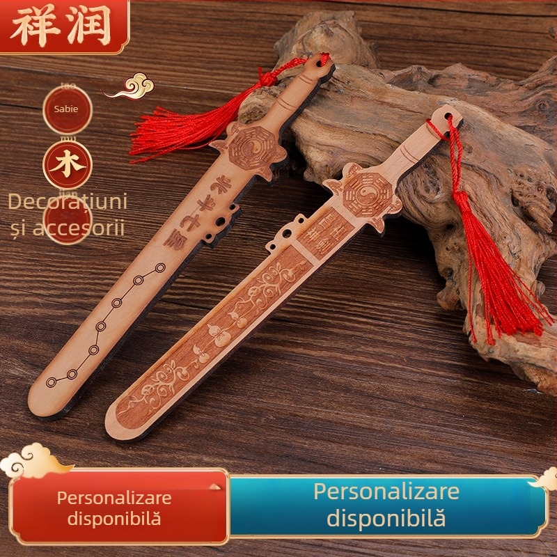 Sabie din lemn de piersic, sculptată manual, ornament decorativ pentru living