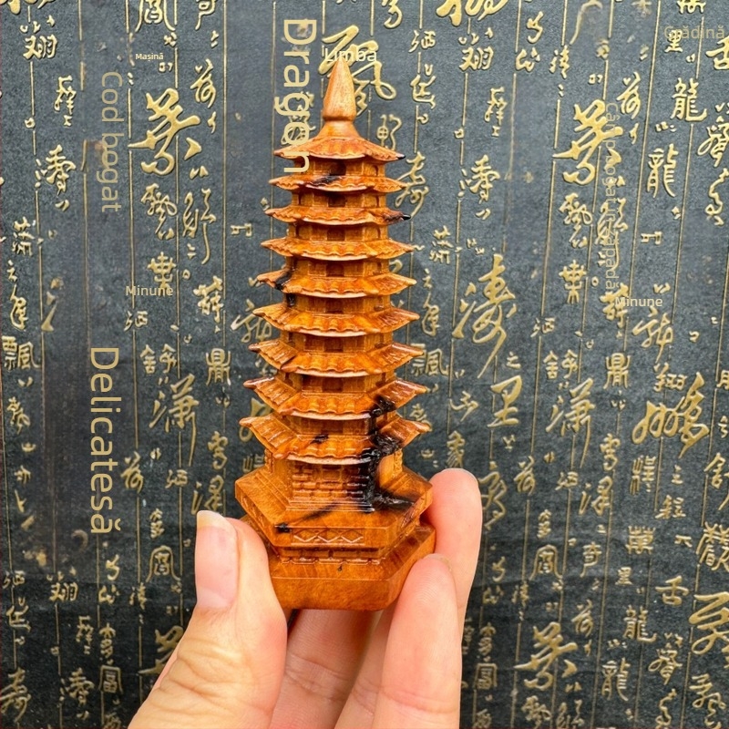 Longhu Mountain ornament decorativ din lemn cu Wenchang Pagoda, lemn masiv, sculptură dintr-o bucată cu nouă straturi