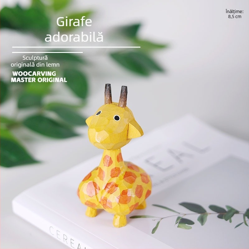 Figurină din lemn, sculptură manuală – girafă drăguță, decor pentru birou