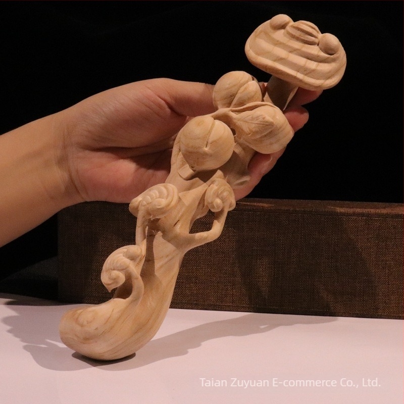 Scultură în lemn de piersic, cu motive de longevitate și Ruyi - ornament din lemn, pandantiv, lucrare sculpturală manuală