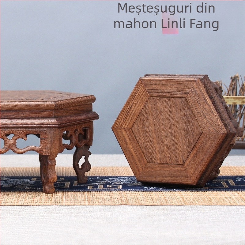 Bază hexagonală din lemn masiv pentru statuie și vază Buddha, stil chinezesc