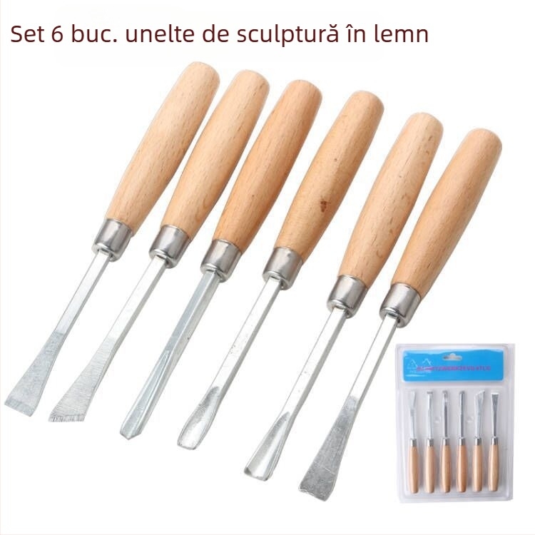 Set de 6 unelte pentru cioplire în lemn: cuțite și dălți