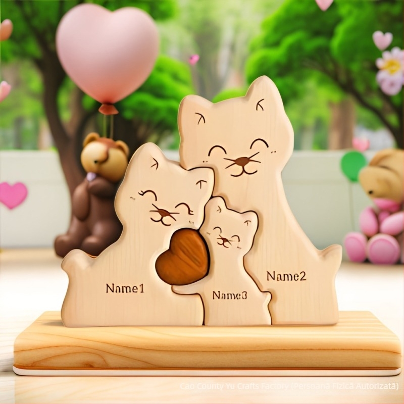 Puzzle din lemn cu pisică – ornament de decor pentru casă, scenă familială caldă