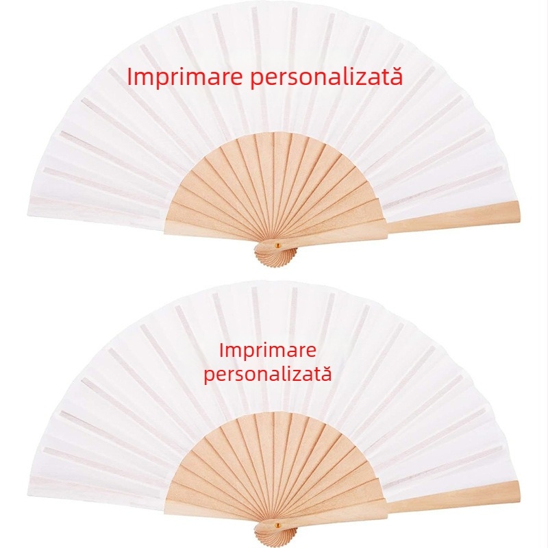 Evantaș din lemn, lucrat manual, pliabil, cu dimensiuni de 16 cm și 18 cm, 23 cm lungime, suprafață din material textil, imprimare logo disponibilă