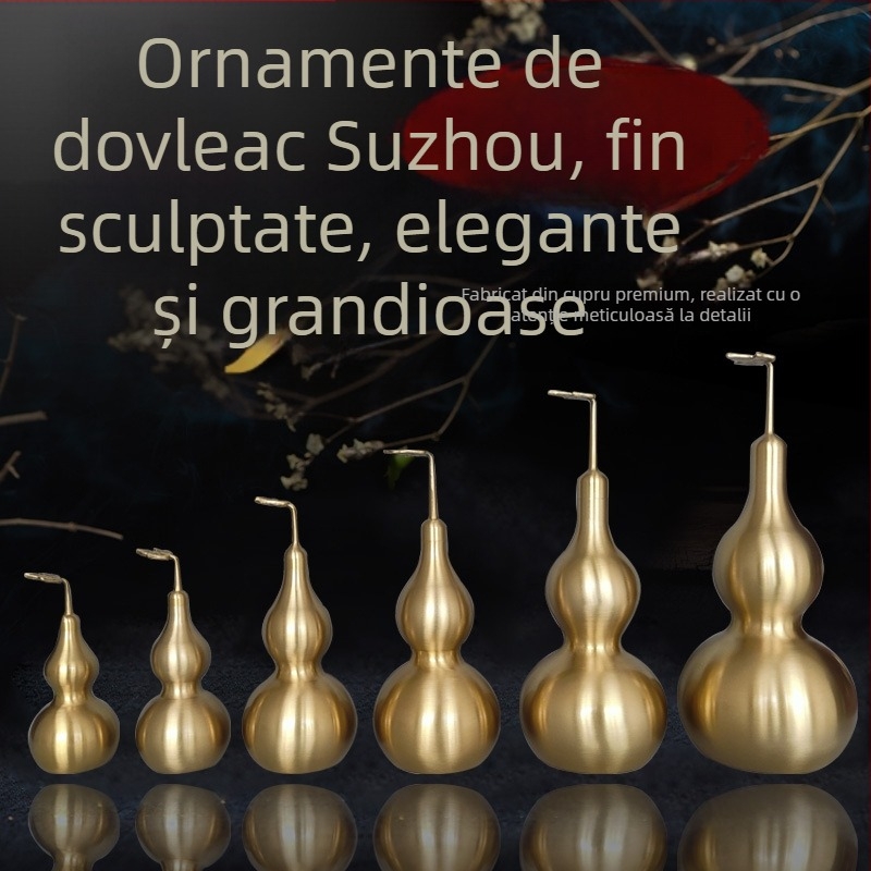 Ornament din cupru în formă de dovleac Bagua, cu capac și motiv de frunze, pentru decor de interior