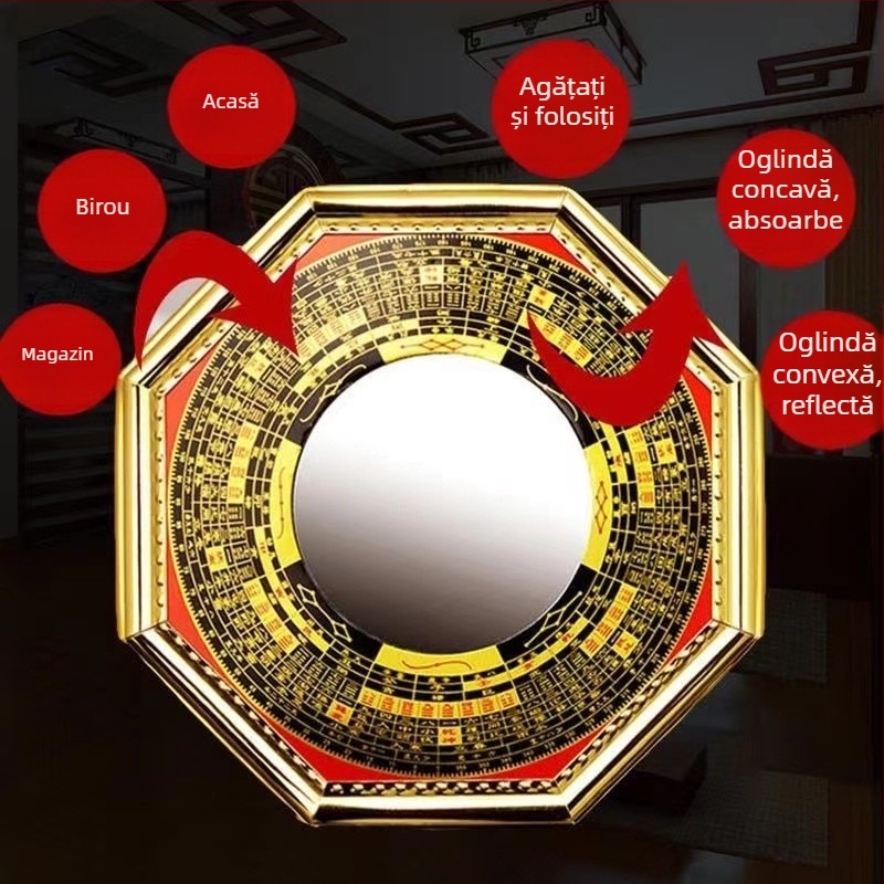 Oglindă decorativă cu opt trigrame pentru casă, design convex și concav, cu simbol yin-yang